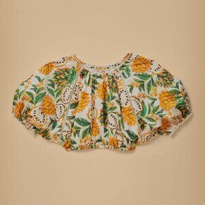 NWT FARM Rio Off-White Biriba Cropped Top Yellow Green Floral Puff Sleeve Blouse